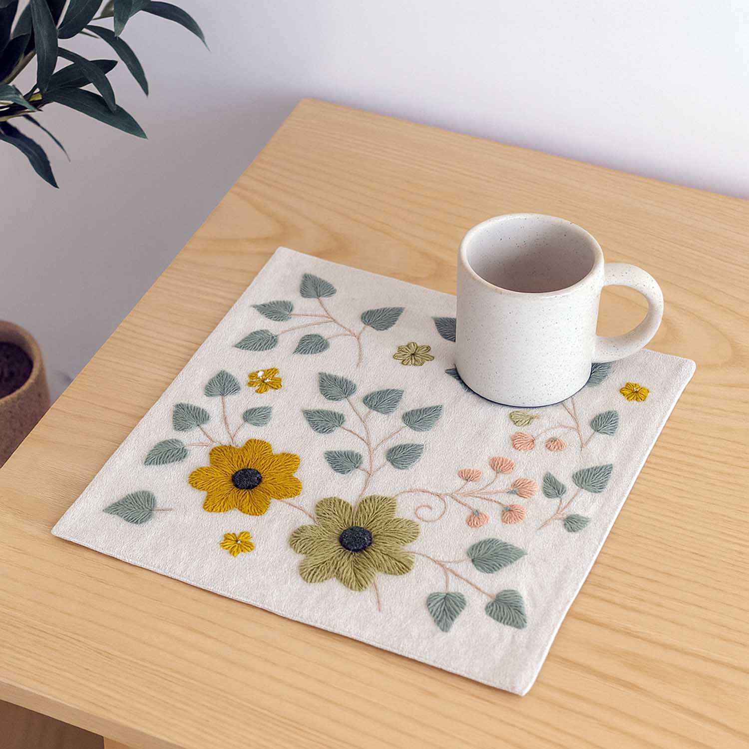 Floral Embroidery Cotton Square Trivets- Beige & Green