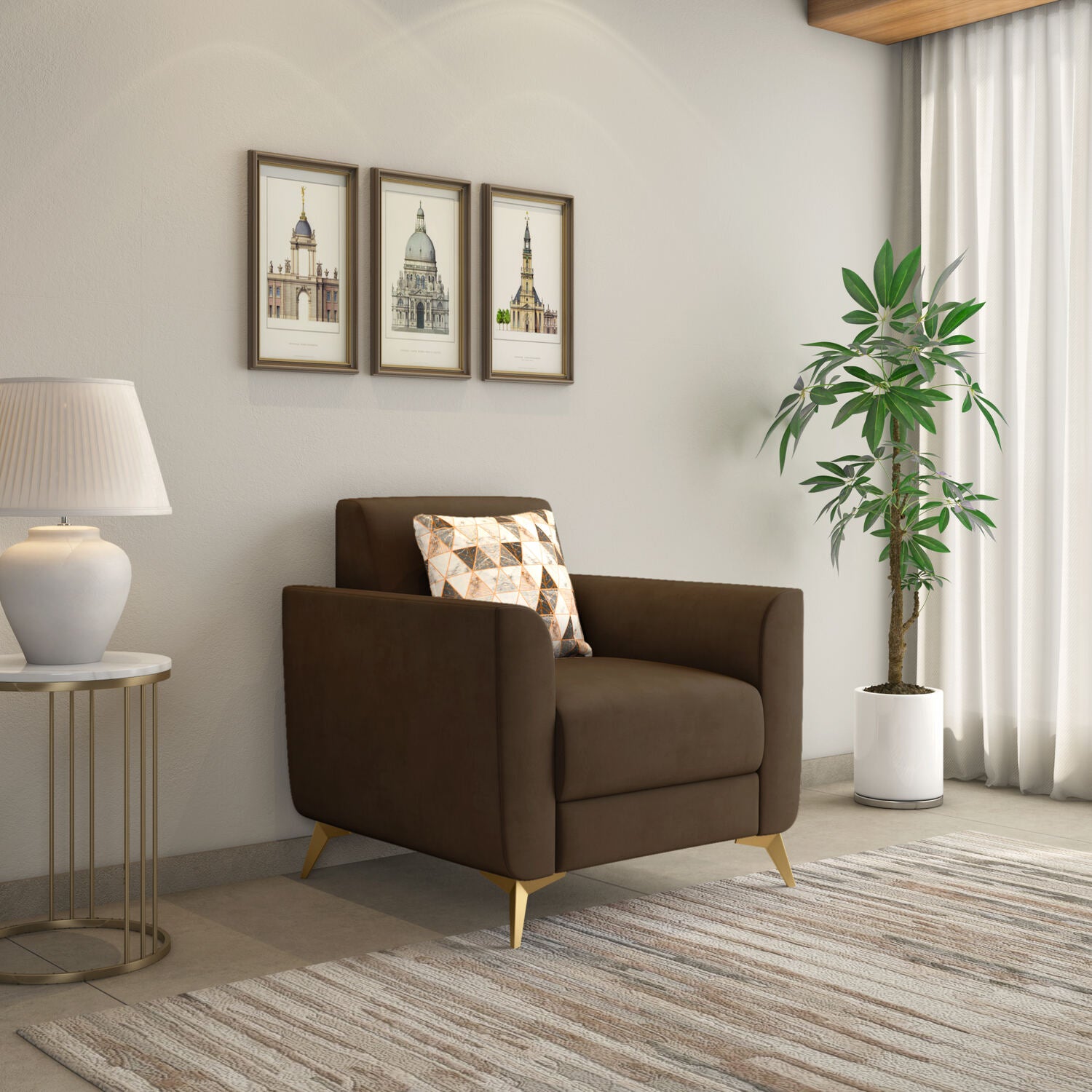 Cooper 1 Seater Fabric Sofa with Cushion- Brown