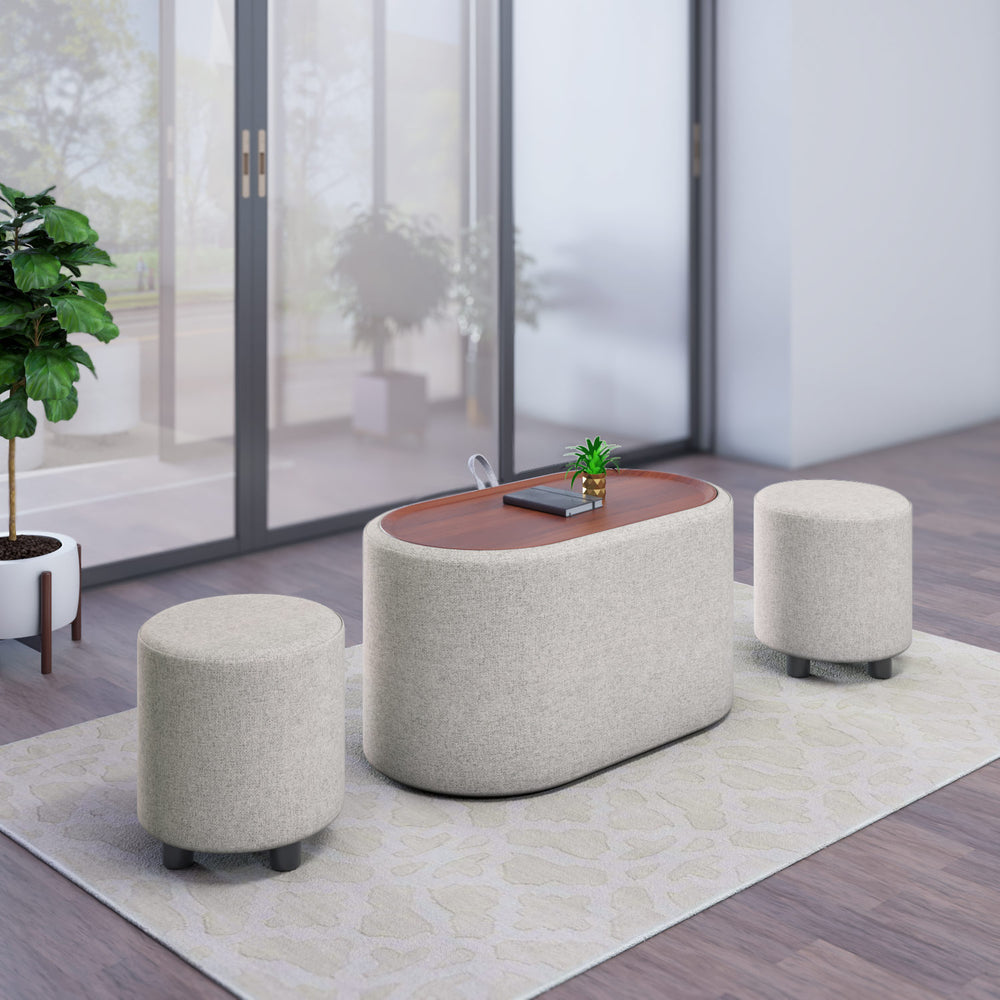 Dennis Center Table with Storage and 2 Poufs- Grey