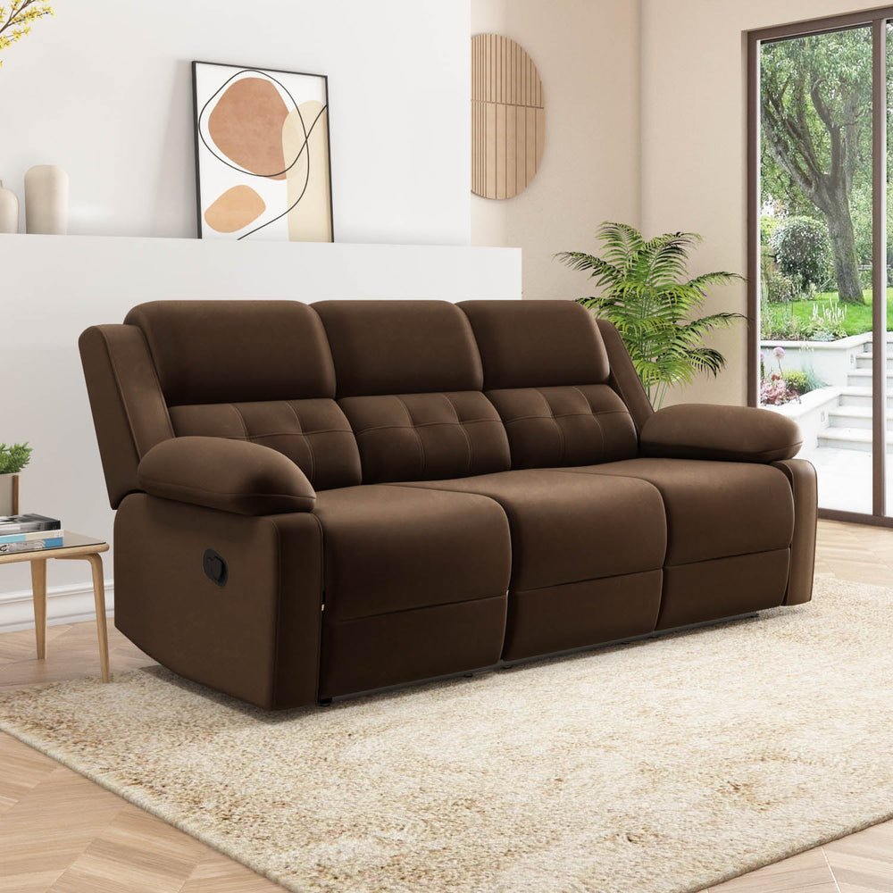 Derik 3 Seater Manual Fabric Recliner Sofa- Brown