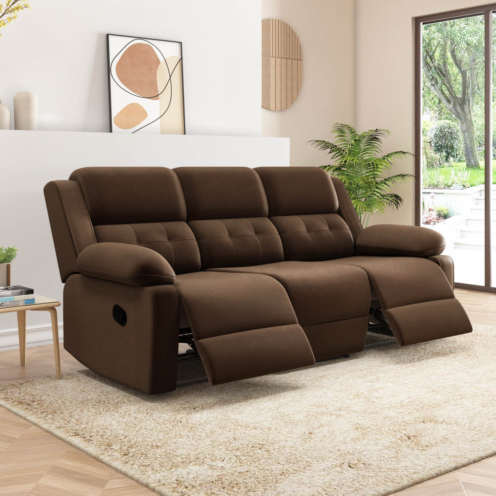 Derik 3 Seater Manual Fabric Recliner Sofa- Brown