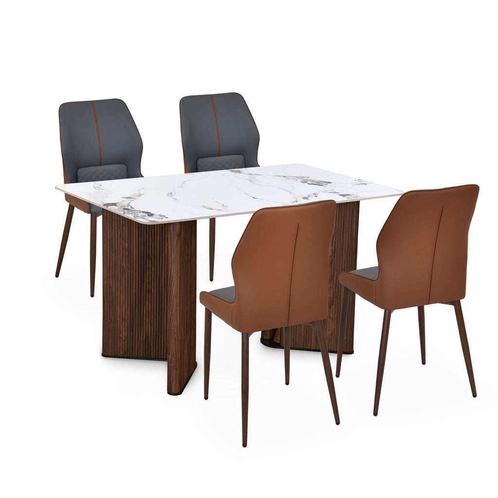 4 Seater Alune Ceramic Dining Set with Dexor Base and Ellipse Chairs- Ash White