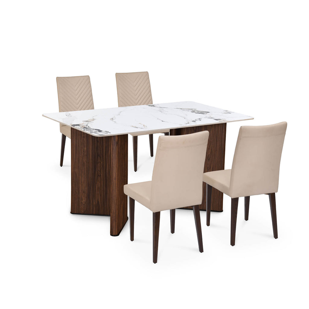 4 Seater Alune Ceramic Dining Set with Dexor Base and Linzy Chairs- Ash White