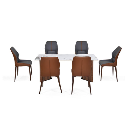 6 Seater Alune Ceramic Dining Set with Dexor Base and Ellipse Chairs- Ash White