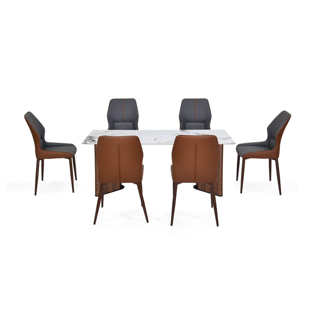 6 Seater Alune Ceramic Dining Set with Dexor Base and Ellipse Chairs- Ash White