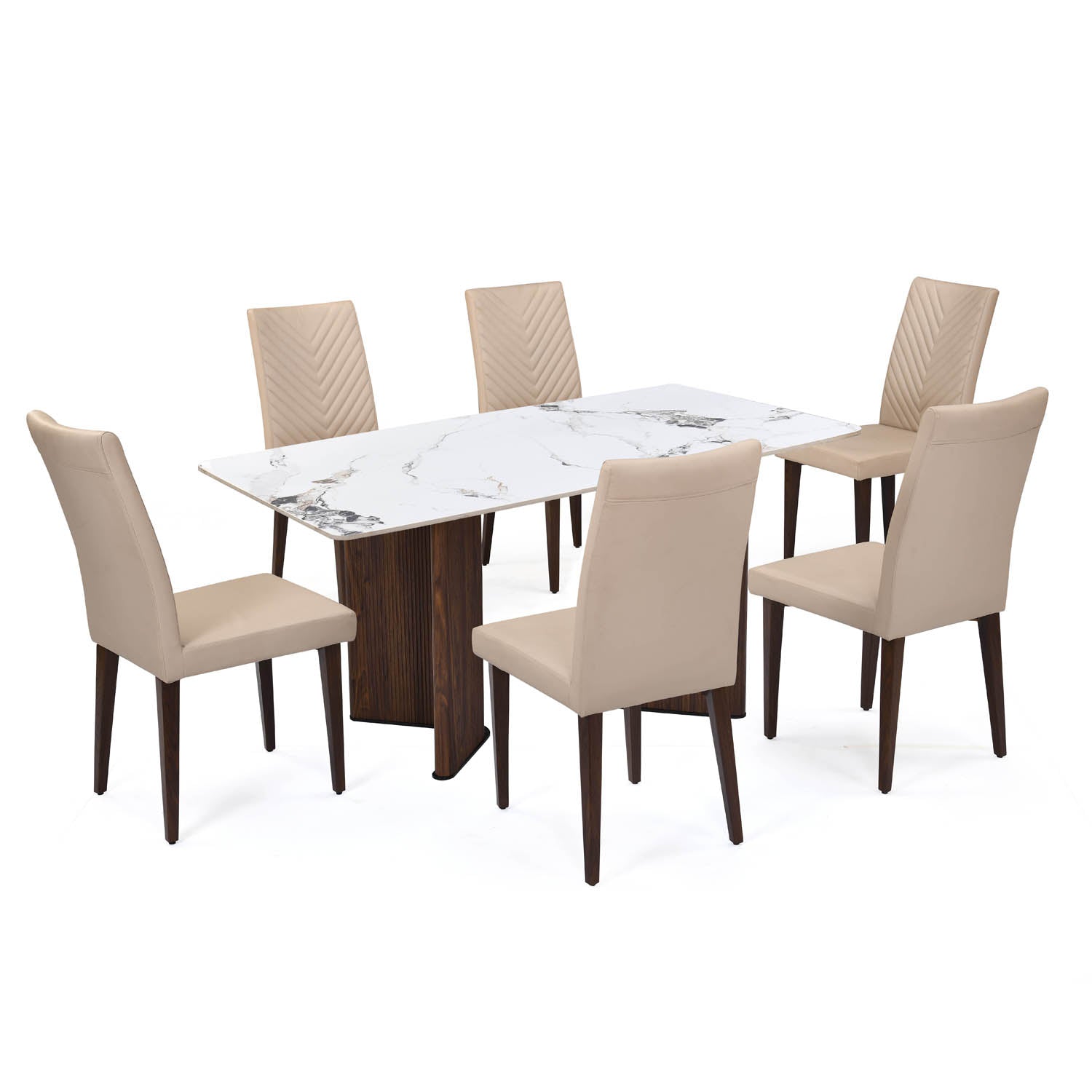 6 Seater Allune Ceramic Dining Set with Dexor Base and Linzy Chairs- Ash White