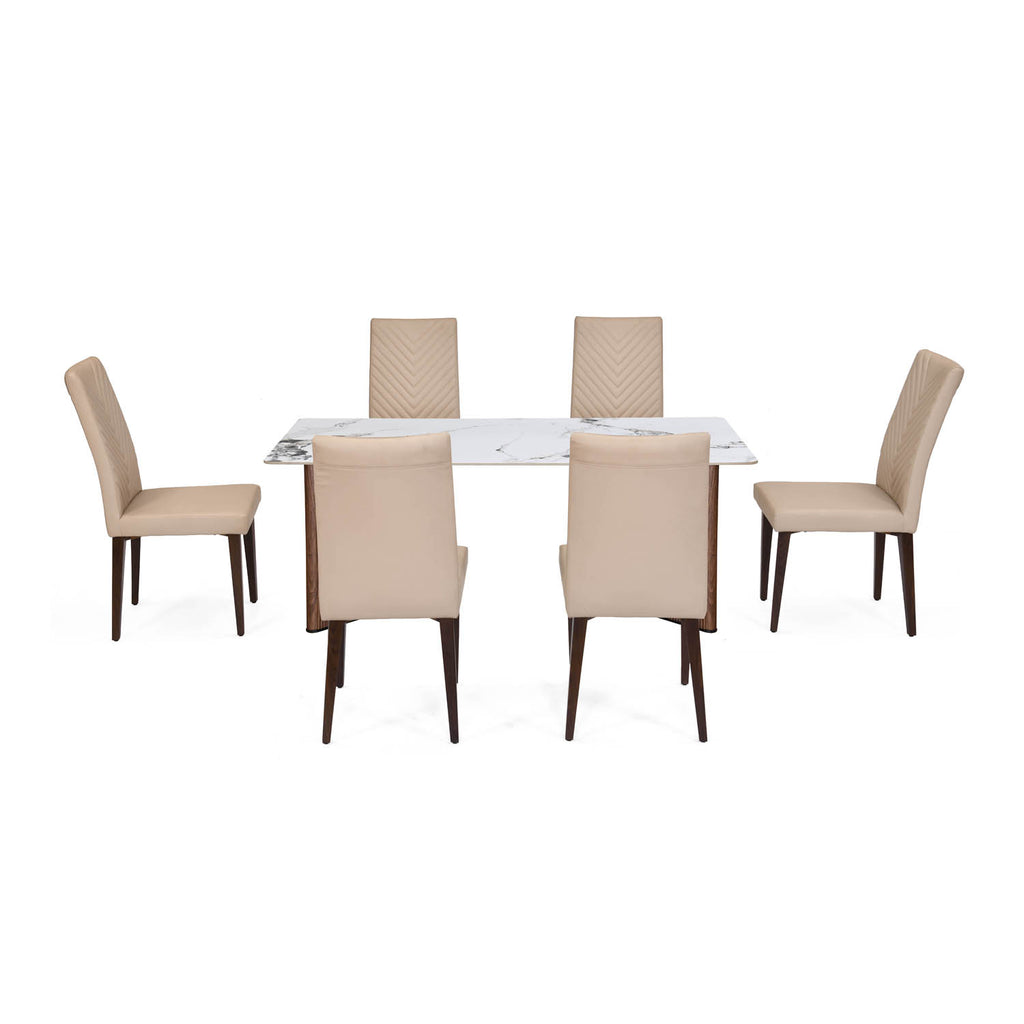 6 Seater Alune Ceramic Dining Set with Dexor Base and Linzy Chairs- Ash White
