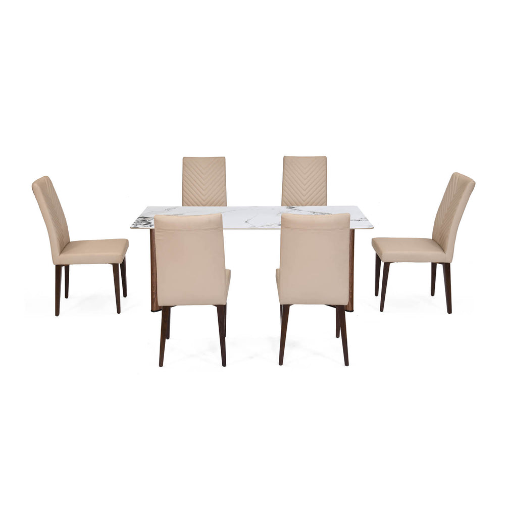 6 Seater Alune Ceramic Dining Set with Dexor Base and Linzy Chairs- Ash White