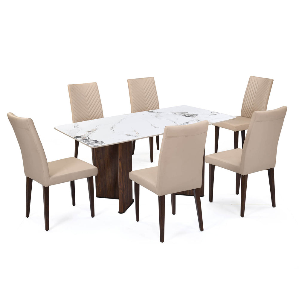 6 Seater Alune Ceramic Dining Set with Dexor Base and Linzy Chairs- Ash White