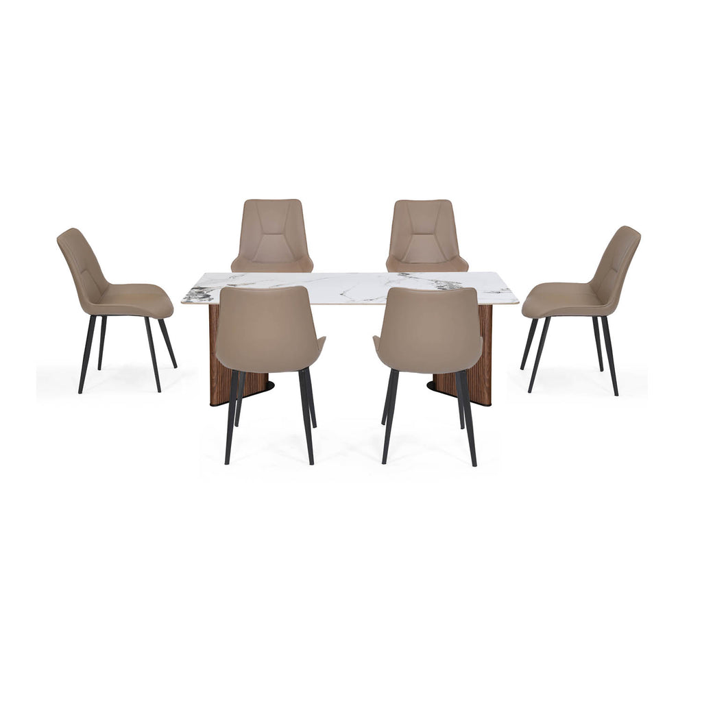 6 Seater Alune Ceramic Dining Set with Dexor Base and Nivo Chairs- Ash White