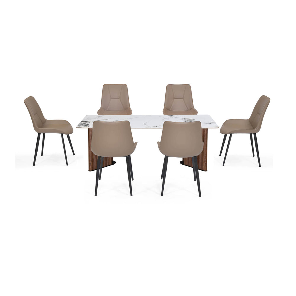 6 Seater Alune Ceramic Dining Set with Dexor Base and Nivo Chairs- Ash White