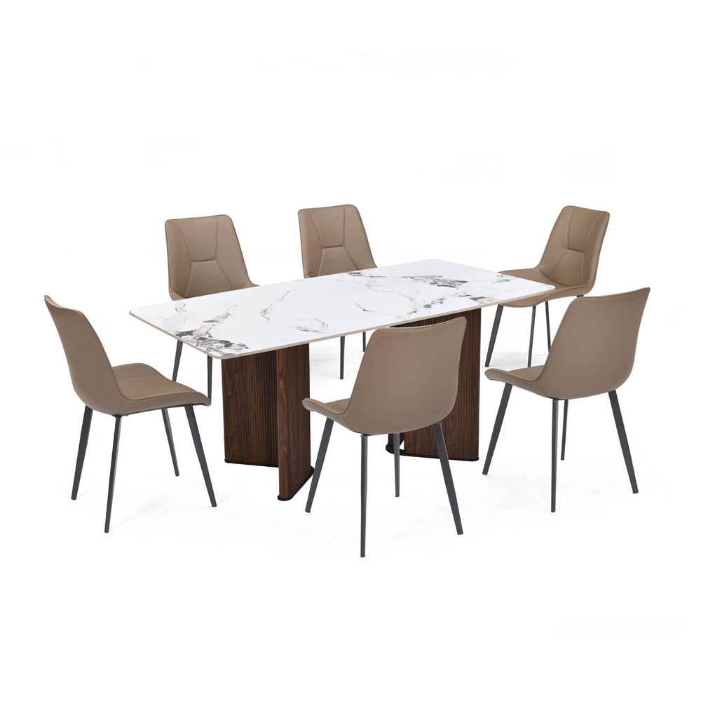 6 Seater Alune Ceramic Dining Set with Dexor Base and Nivo Chairs- Ash White