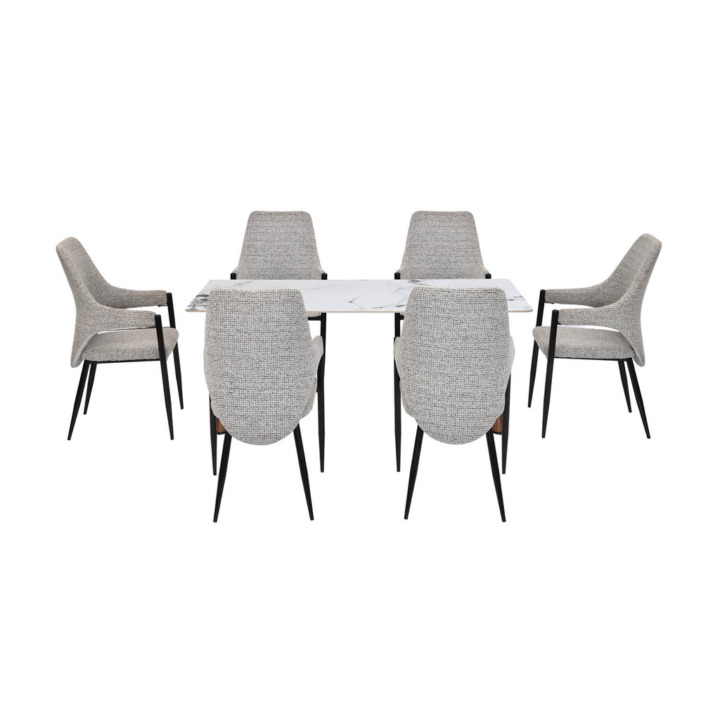 6 Seater Alune Ceramic Dining Set with Dexor Base and Tierra Chairs- Ash White