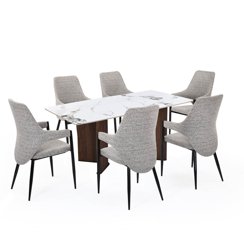 6 Seater Alune Ceramic Dining Set with Dexor Base and Tierra Chairs- Ash White