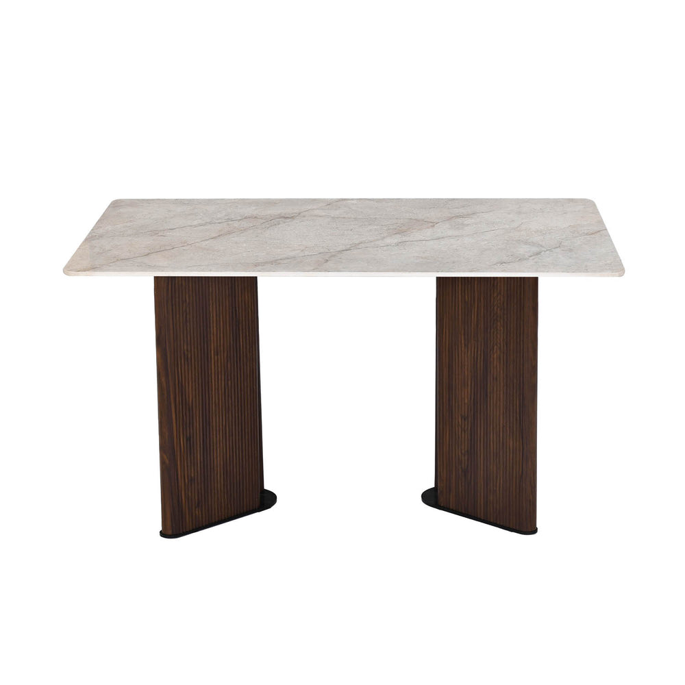 4 Seater Bevon Ceramic Dining Set with Dexor Base and Ellipse Chairs- Cloud Beige
