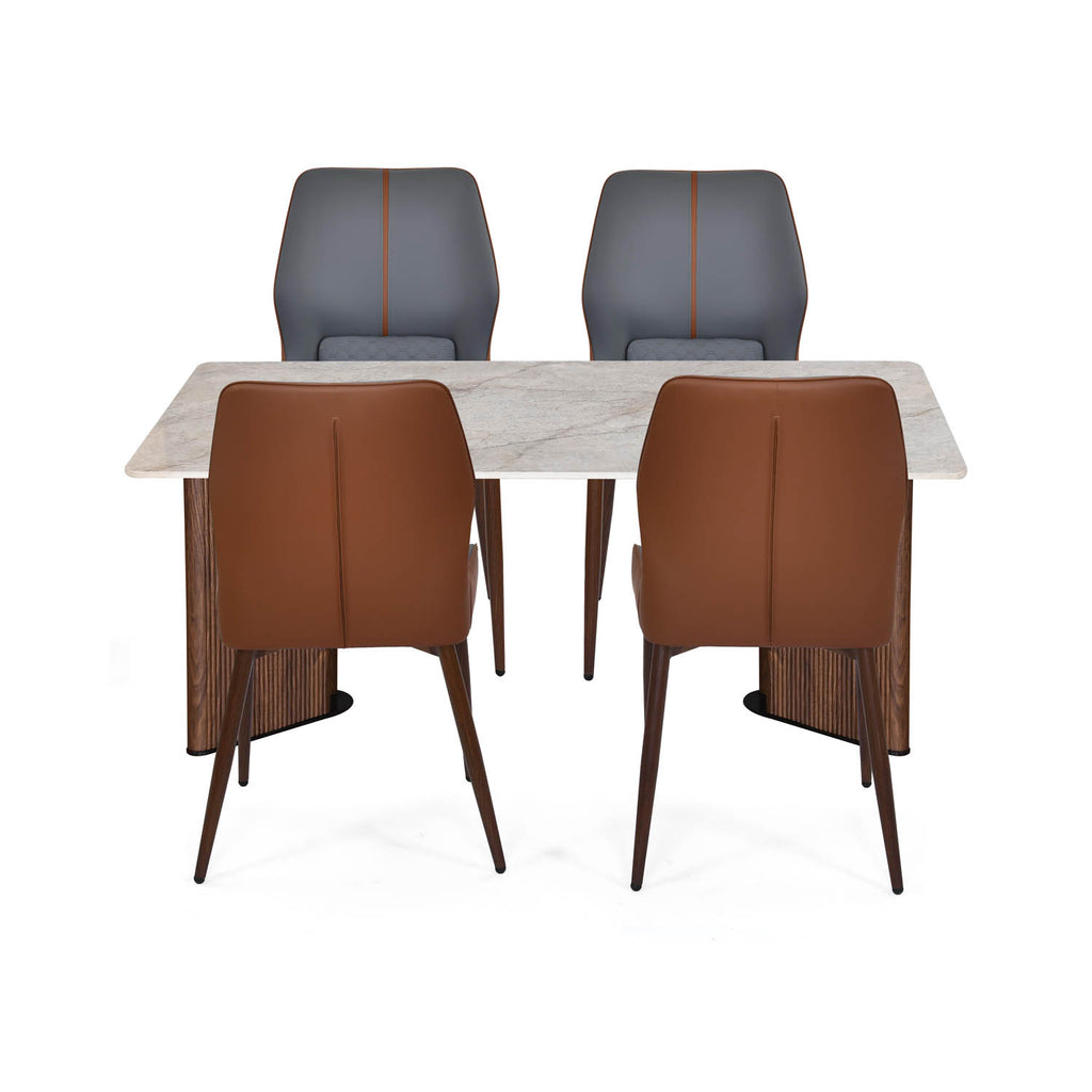 4 Seater Bevon Ceramic Dining Set with Dexor Base and Ellipse Chairs- Cloud Beige