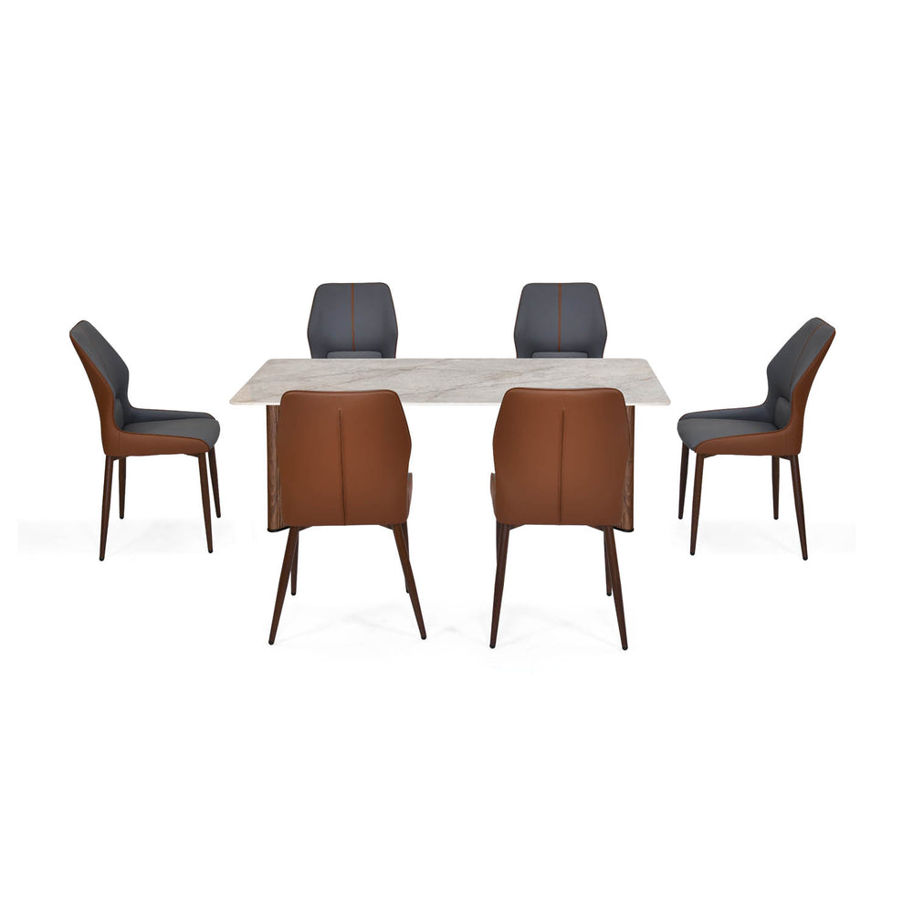 6 Seater Bevon Ceramic Dining Set with Dexor Base and Ellipse Chairs- Cloud Beige