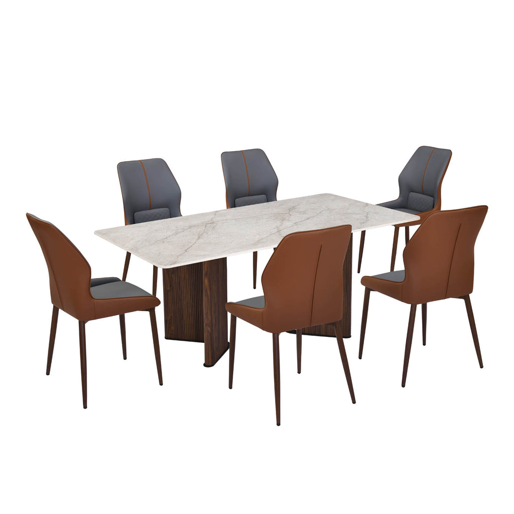 6 Seater Bevon Ceramic Dining Set with Dexor Base and Ellipse Chairs- Cloud Beige