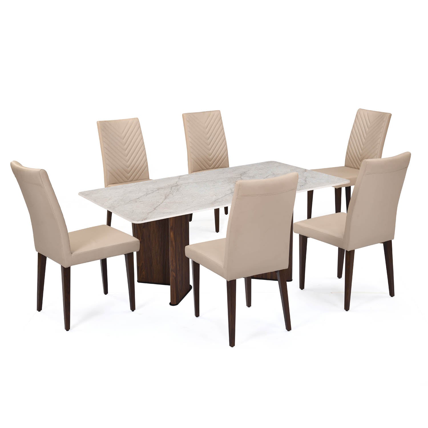 6 Seater Bevon Ceramic Dining Set with Dexor Base and Linzy Chairs- Cloud Beige