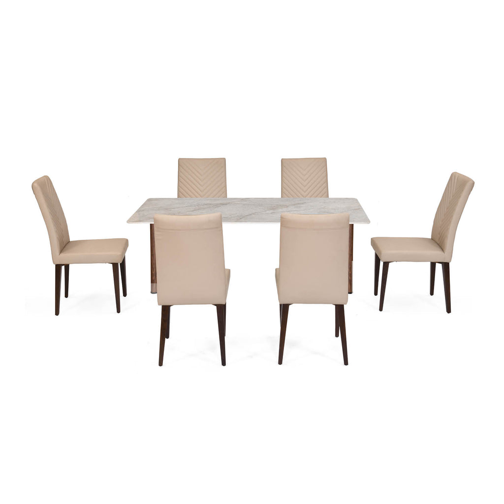 6 Seater Bevon Ceramic Dining Set with Dexor Base and Linzy Chairs- Cloud Beige
