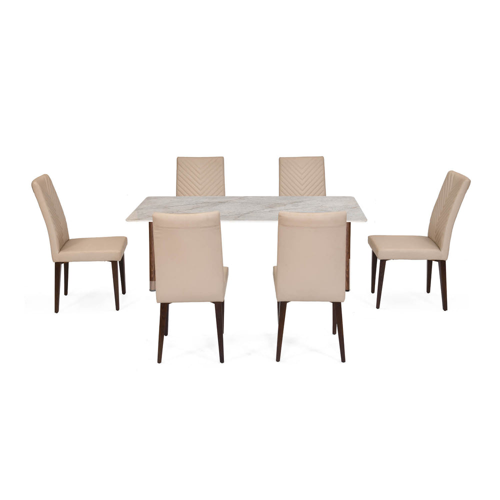 6 Seater Bevon Ceramic Dining Set with Dexor Base and Linzy Chairs- Cloud Beige
