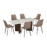6 Seater Bevon Ceramic Dining Set with Dexor Base and Nivo Chairs- Cloud Beige
