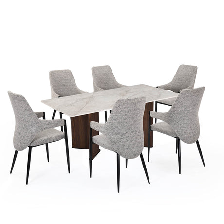6 Seater Bevon Ceramic Dining Set with Dexor Base and Tierra Chairs- Cloud Beige