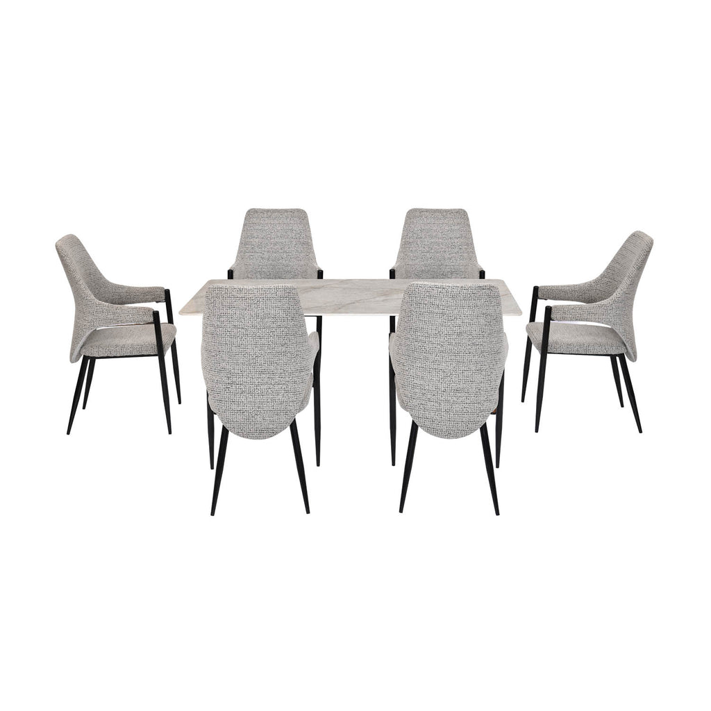 6 Seater Bevon Ceramic Dining Set with Dexor Base and Tierra Chairs- Cloud Beige