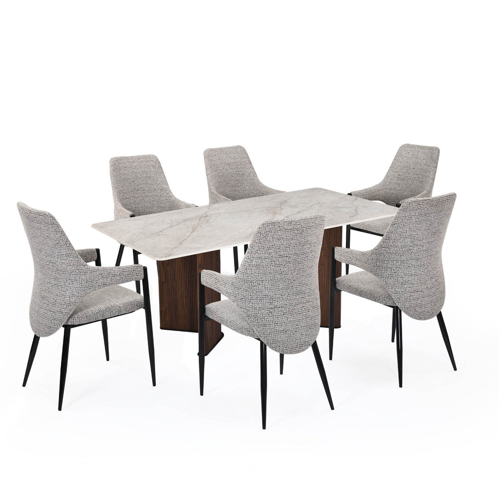 6 Seater Bevon Ceramic Dining Set with Dexor Base and Tierra Chairs- Cloud Beige