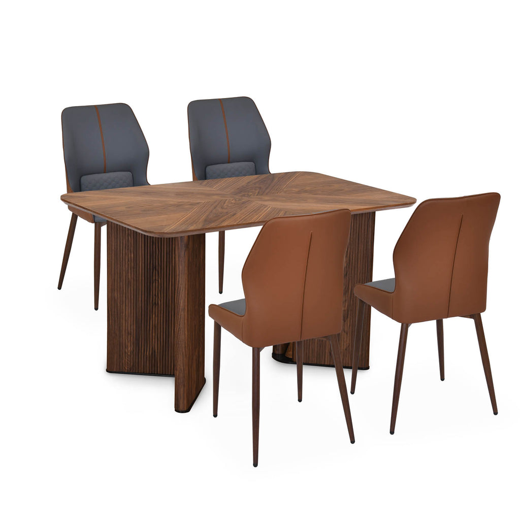 4 Seater Parquel Wooden Dining Set with Dexor Base and Ellipse Chairs- Walnut Brown