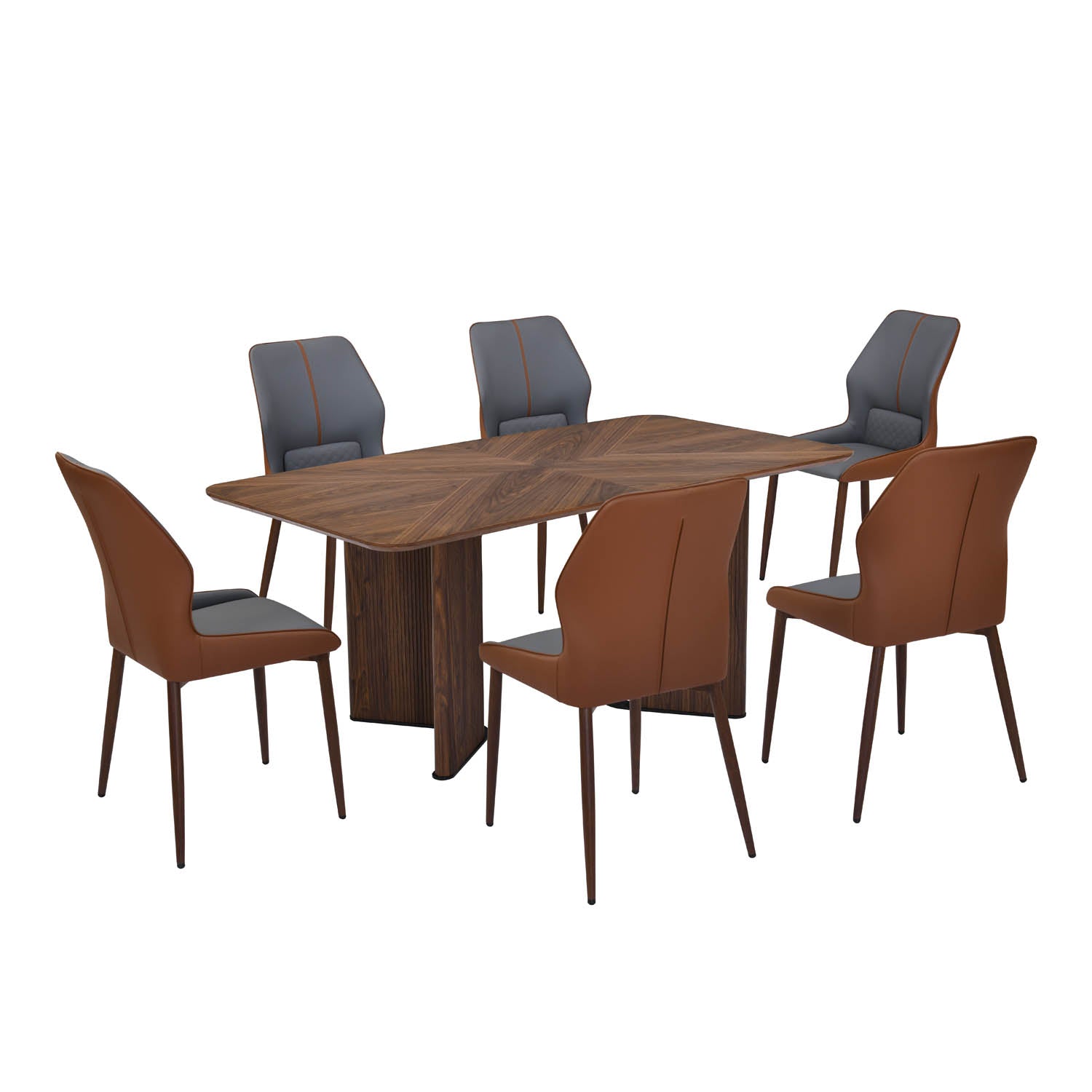 6 Seater Parquel Wooden Dining Set with Dexor Base and Ellipse Chairs- Walnut Brown
