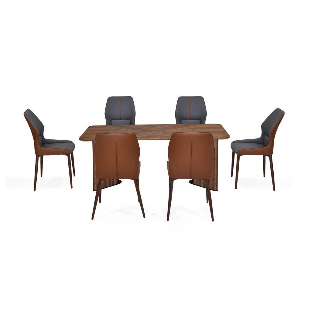 6 Seater Parquel Wooden Dining Set with Dexor Base and Ellipse Chairs- Walnut Brown