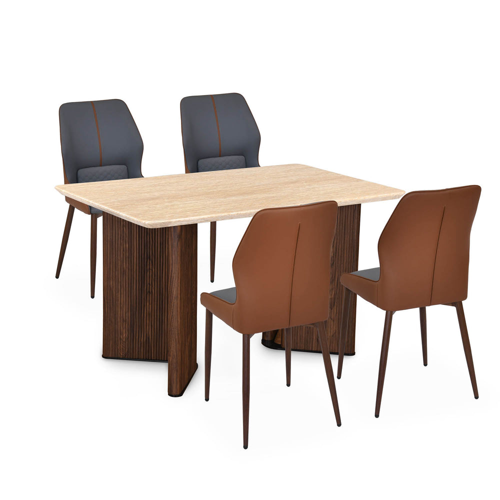 4 Seater Trava Marble Dining Set with Dexor Base and Ellipse Chairs- Travertine