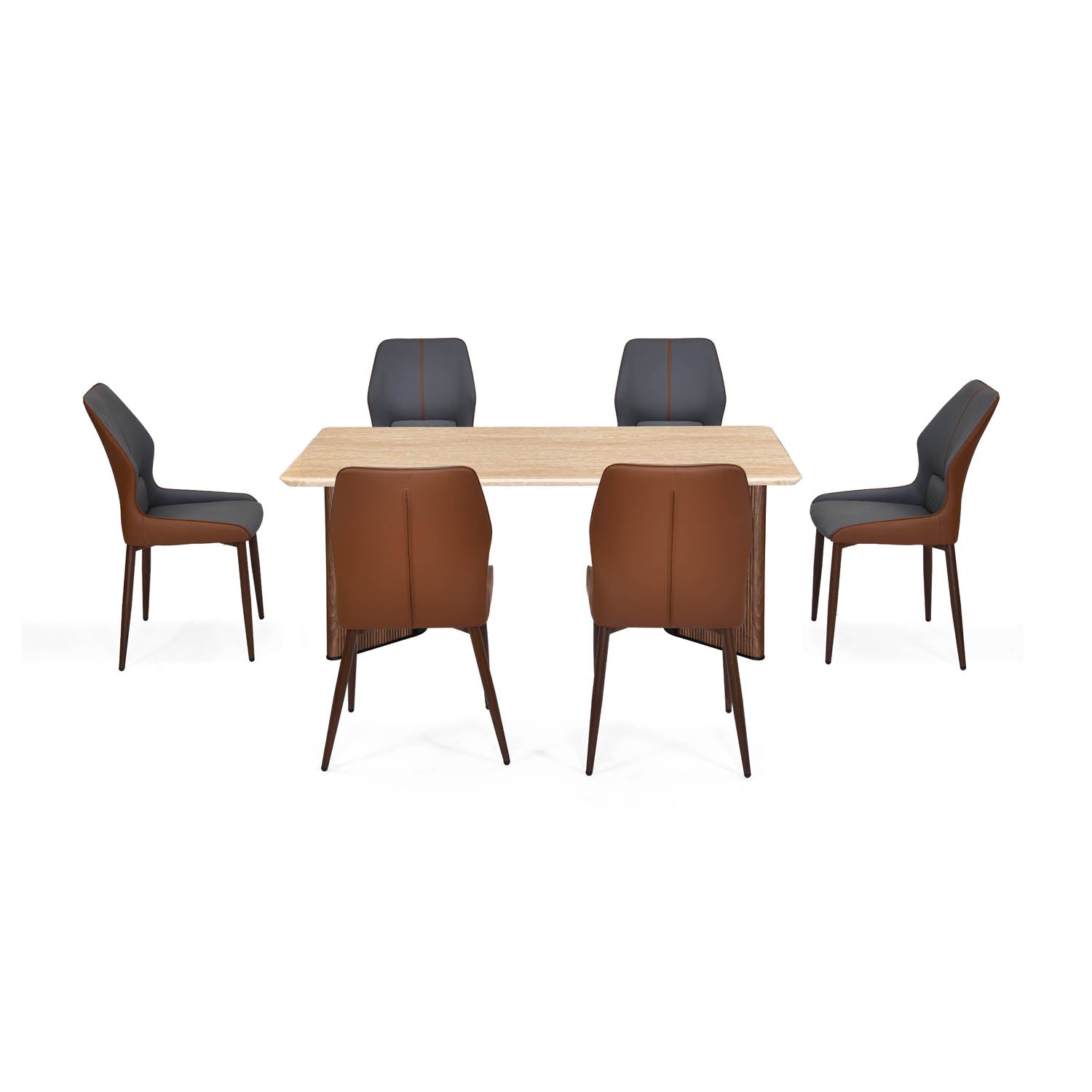 6 Seater Trava Marble Dining Set with Dexor Base and Ellipse Chairs- Travertine