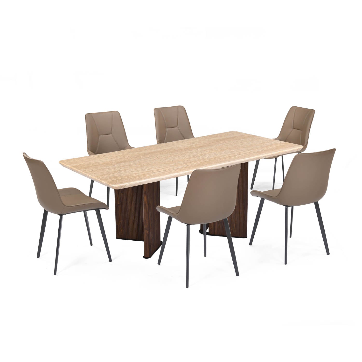 6 Seater Trava Marble Dining Set with Dexor Base and Nivo Chairs- Travertine