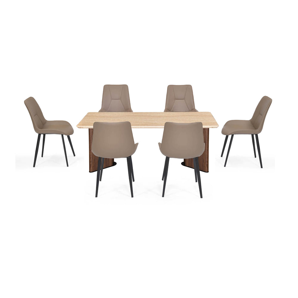 6 Seater Trava Marble Dining Set with Dexor Base and Nivo Chairs- Travertine