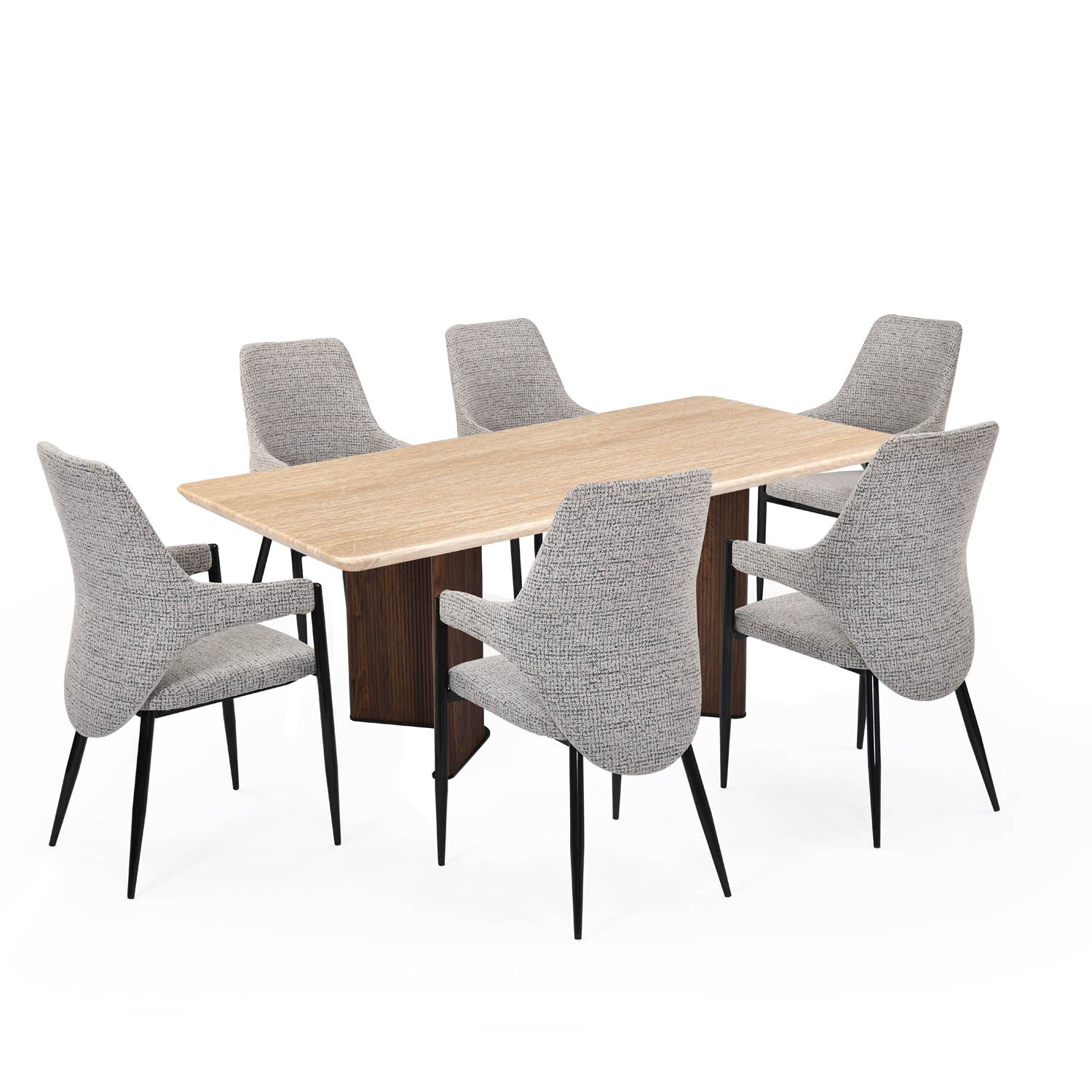 6 Seater Trava Marble Dining Set with Dexor Base and Tierra Chairs- Travertine