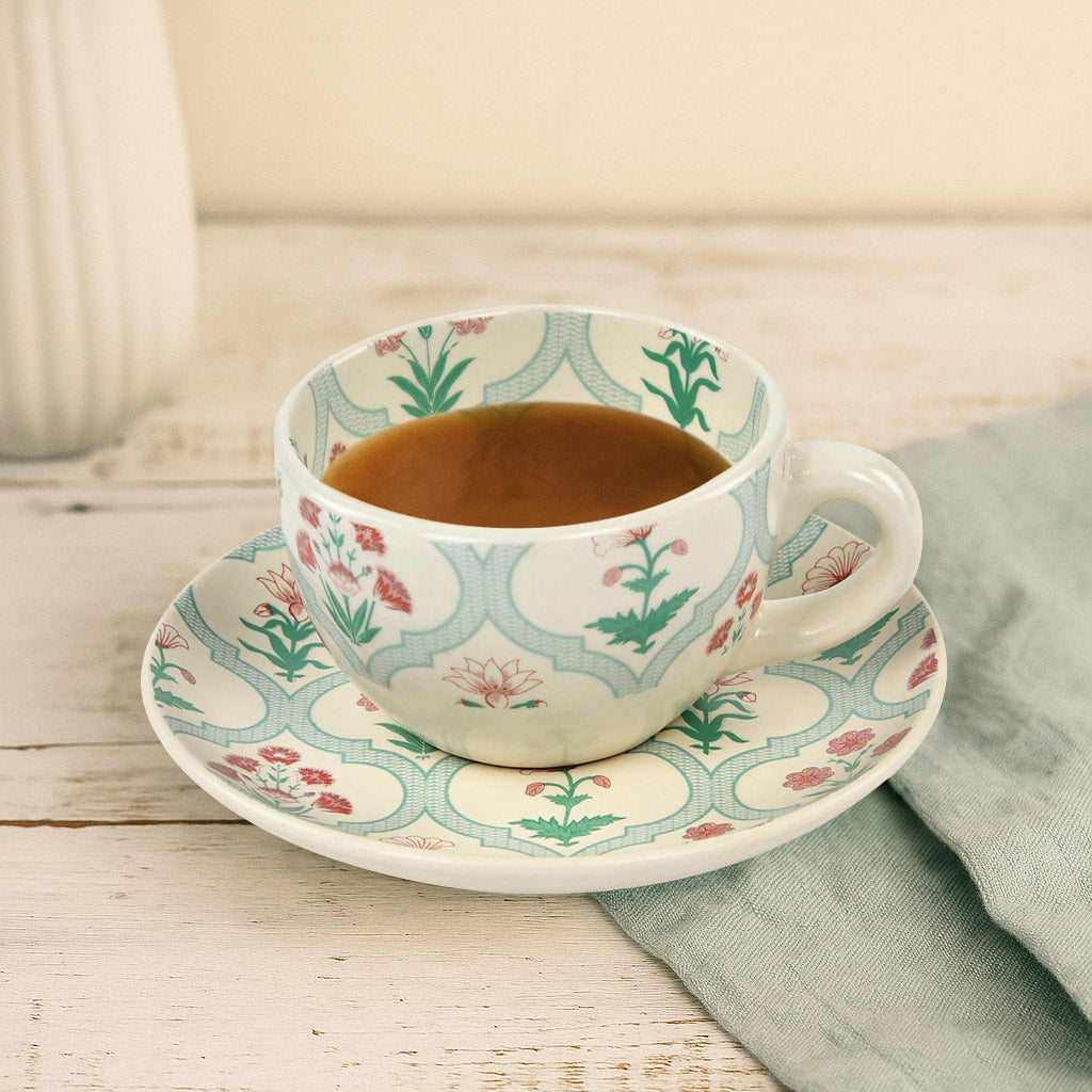 Jarokha Print 180ml Stoneware Cup & Saucer- Matt Green