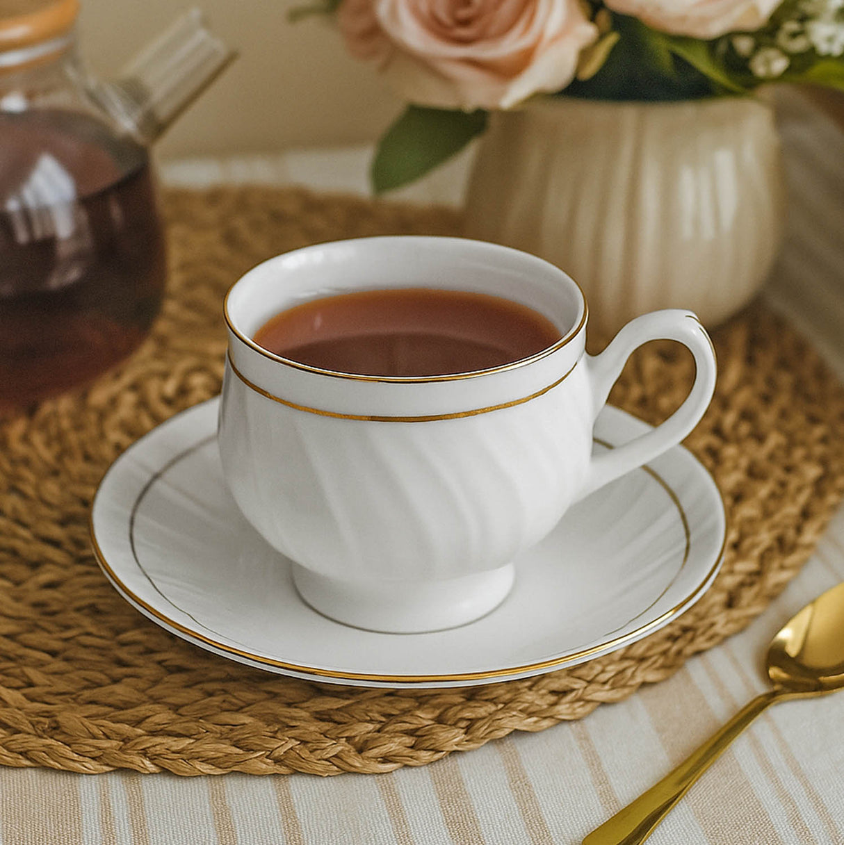 Porcelain Wave Design Cup & Saucer Set of 6- White