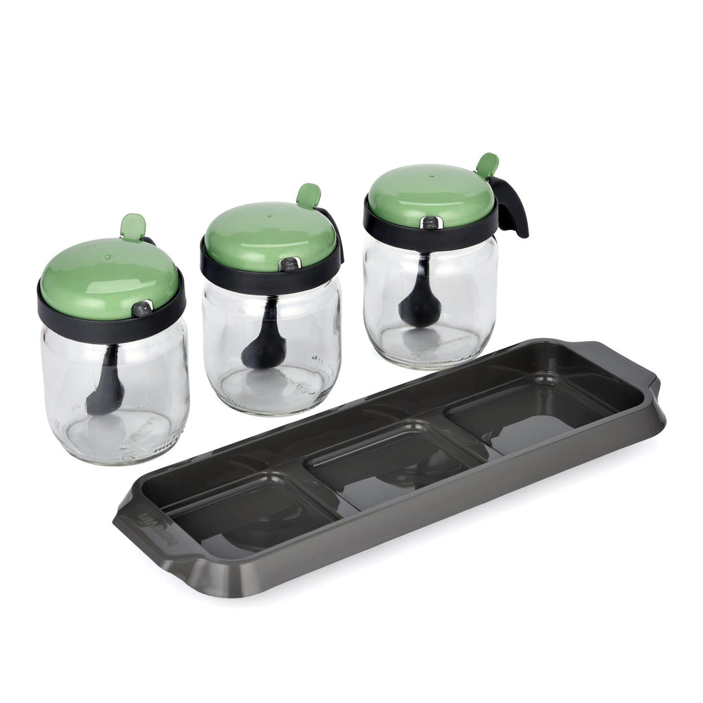 Spice Jar Set of 3 with Spoon- Green, 425 ml