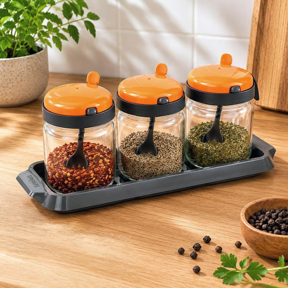 Spice Jar Set of 3 with Spoon- Orange, 425 ml