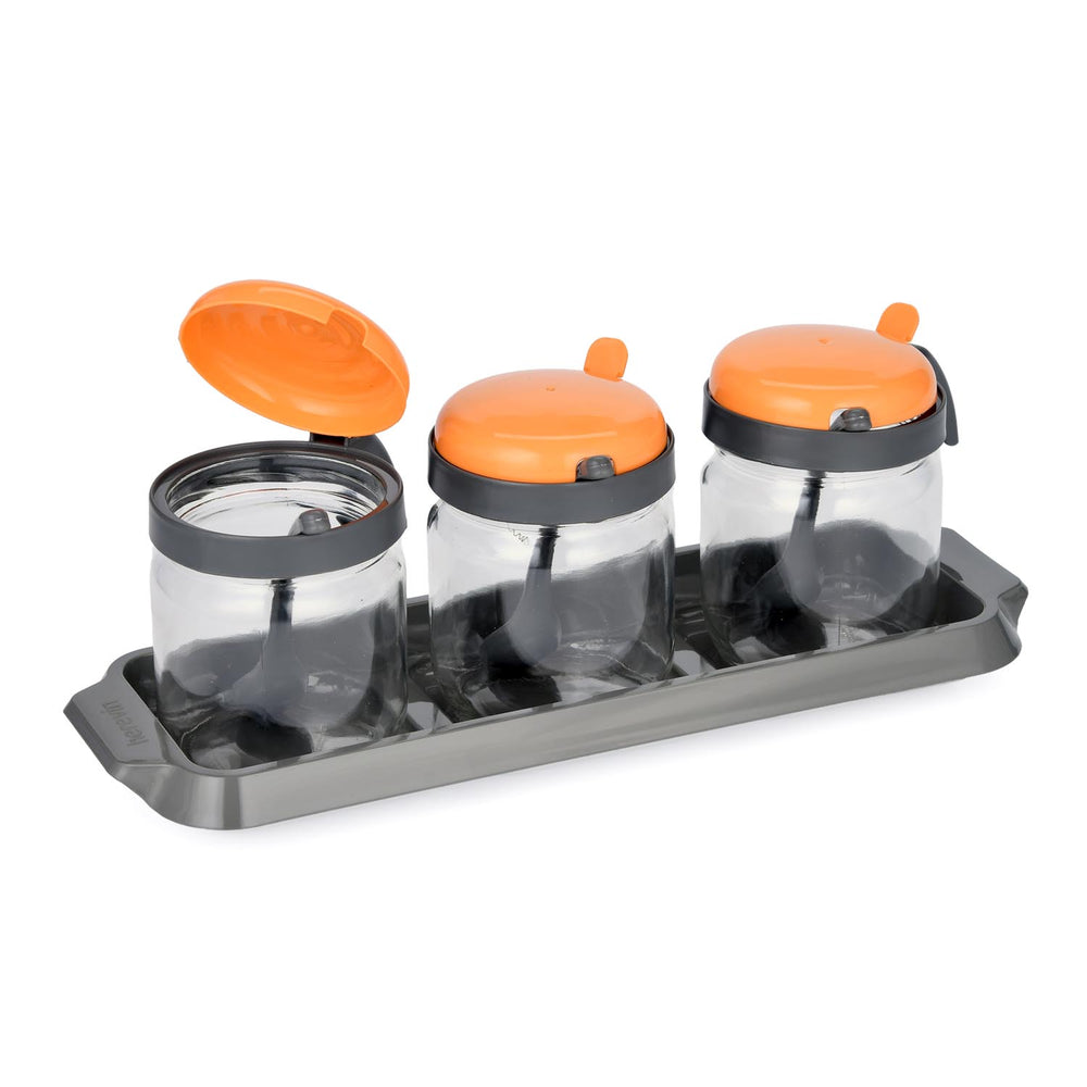 Spice Jar Set of 3 with Spoon- Orange, 425 ml