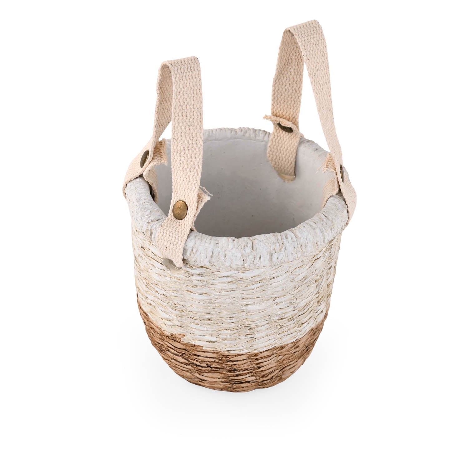 Dual Tone Planter with Handle- White & Brown