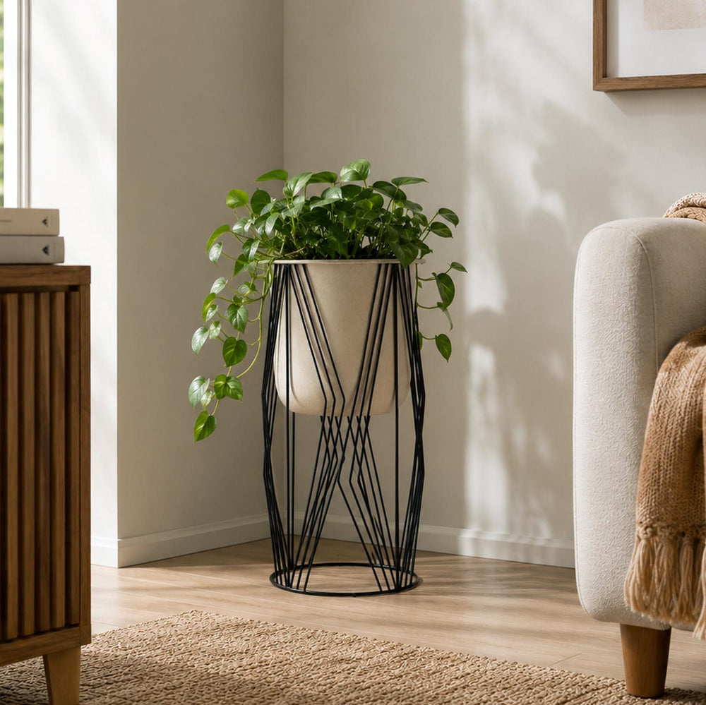 Decorative Planter On Zigzag Stand- Small, Ivory & Black