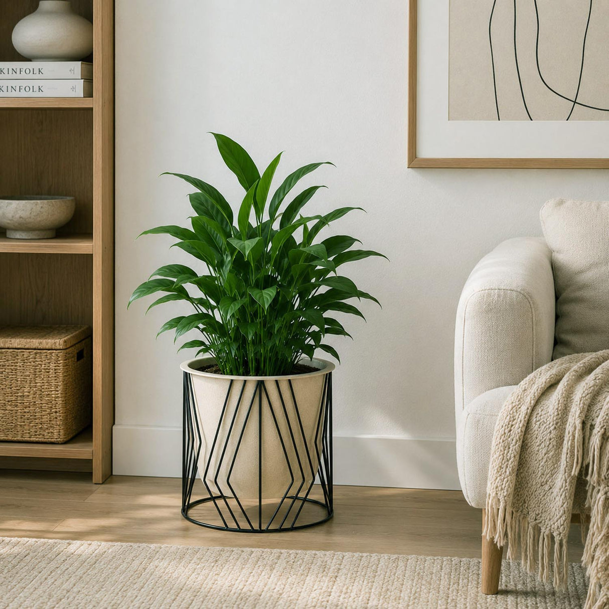 Decorative Planter On Zigzag Stand- Large, Ivory & Black