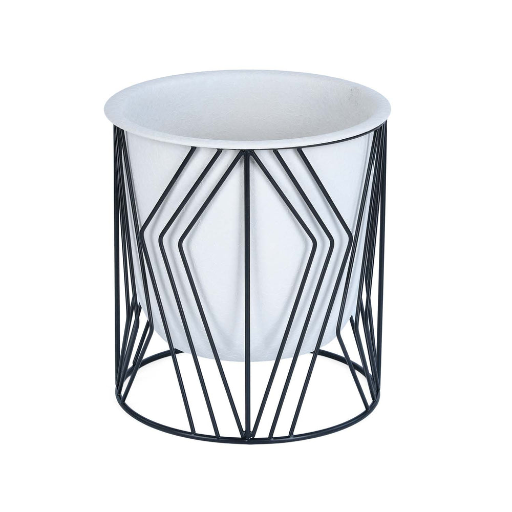 Decorative Planter On Zigzag Stand- Medium, Ivory & Black