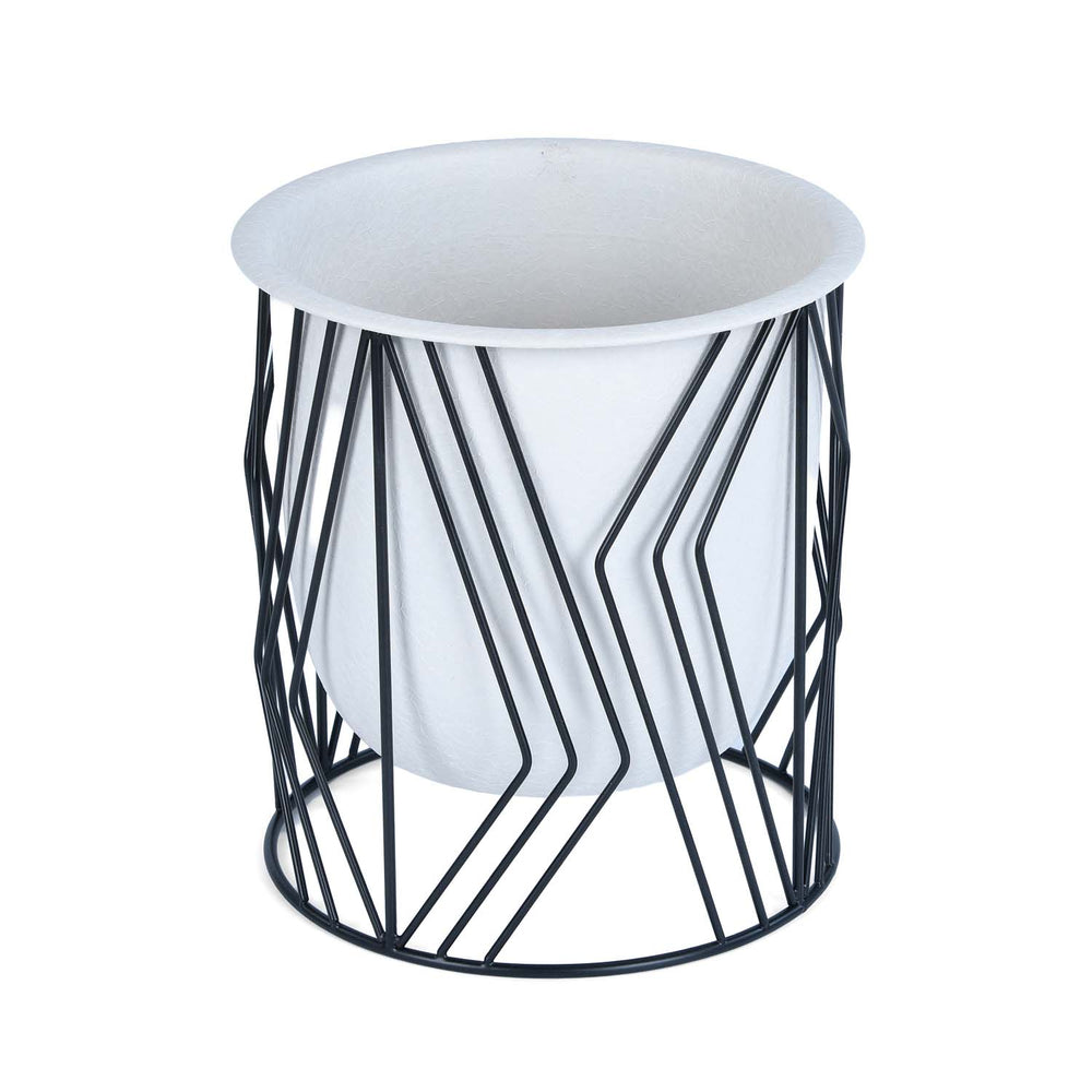 Decorative Planter On Zigzag Stand- Medium, Ivory & Black