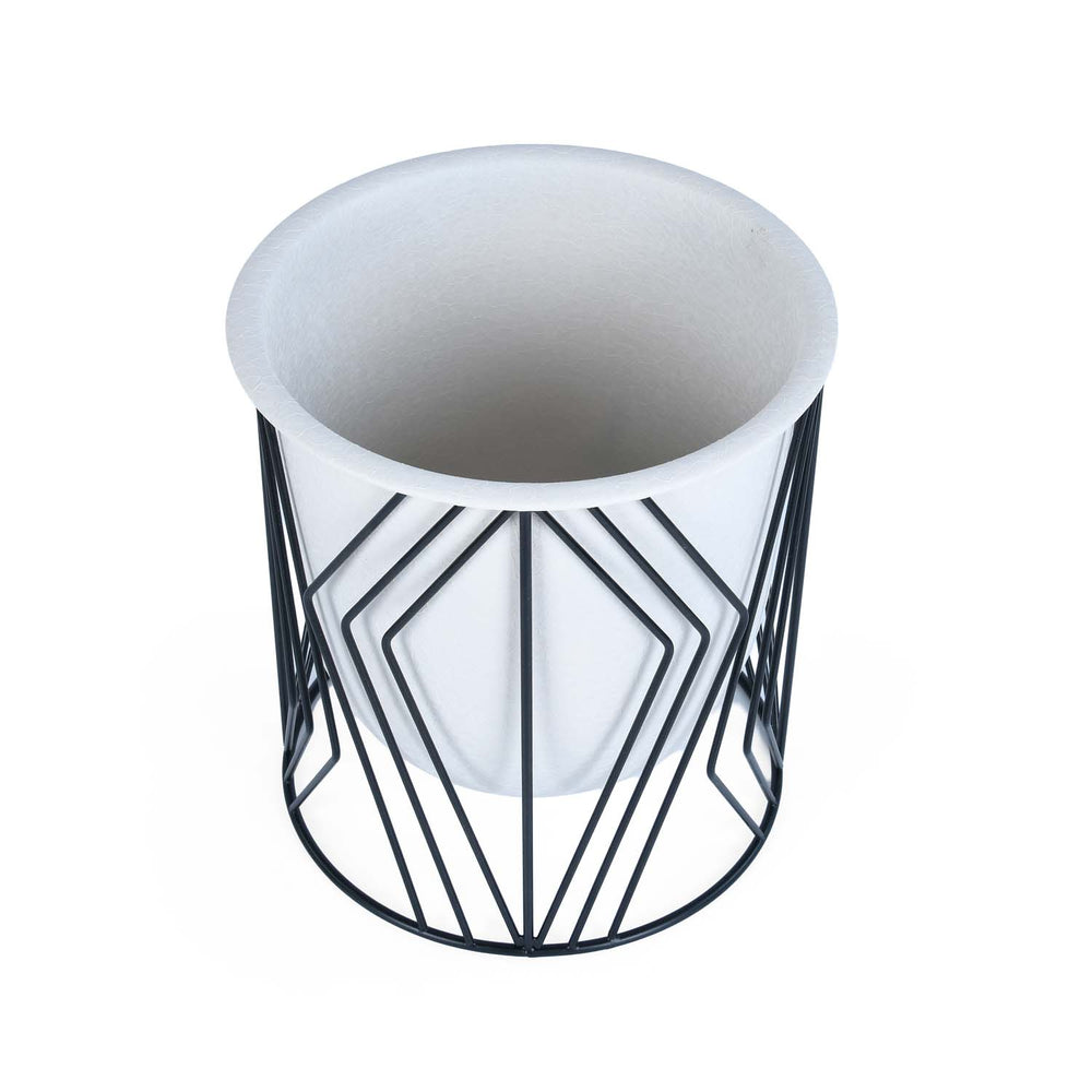 Decorative Planter On Zigzag Stand- Medium, Ivory & Black