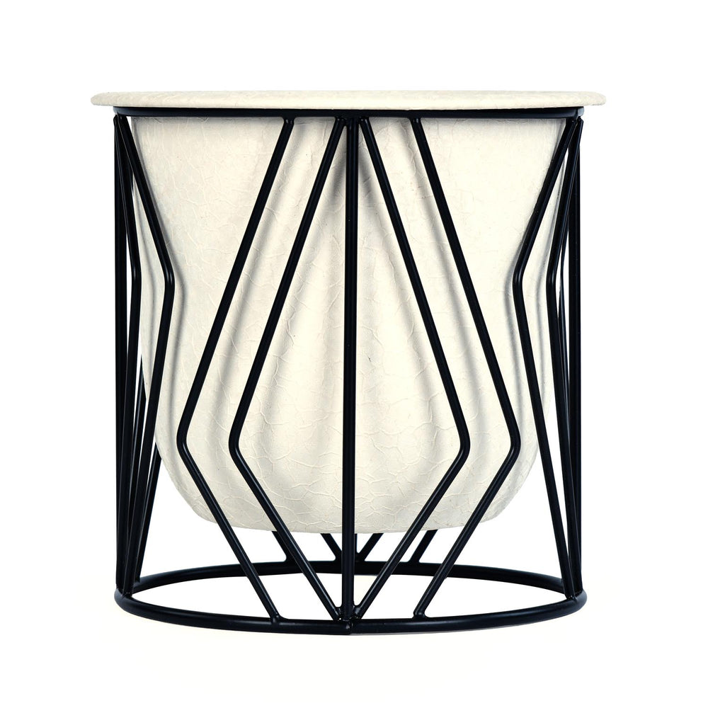 Decorative Planter On Zigzag Stand- Small, Ivory & Black