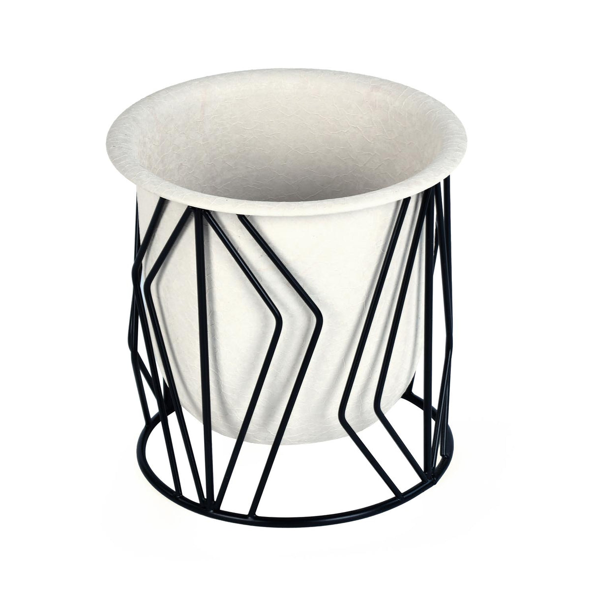 Decorative Planter On Zigzag Stand- Small, Ivory & Black
